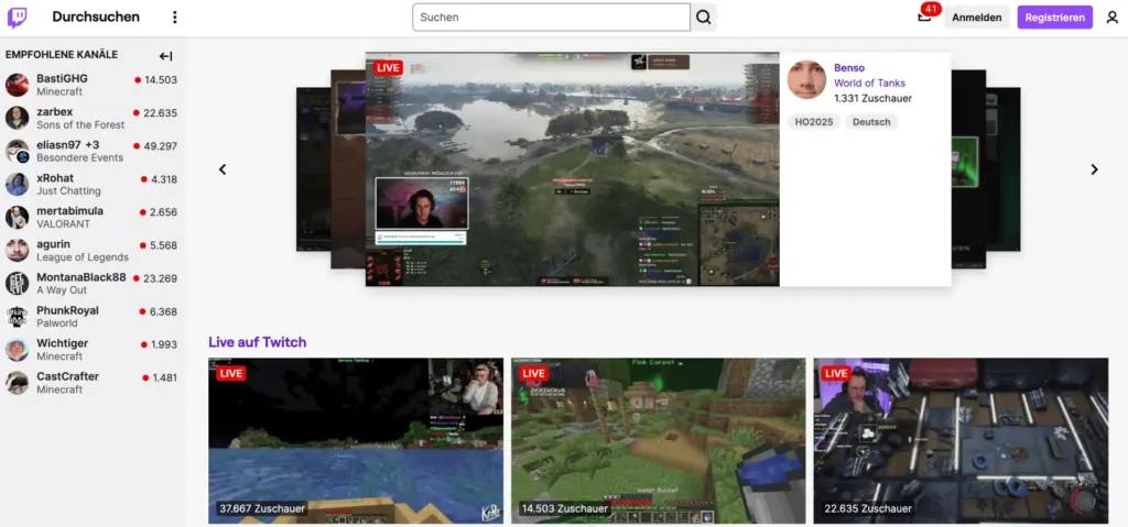 Twitch Screenshot der Startseite